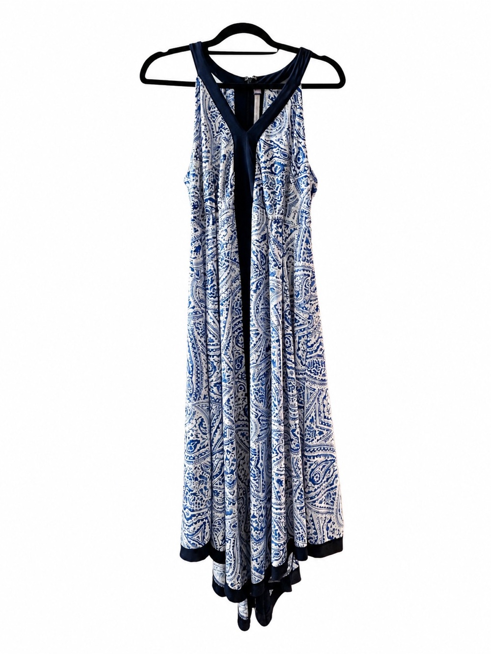 Carmen Marc Valvo Navy and White Paisley Maxi Dress in